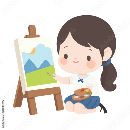 Girl Painting Landscape On Easel Showing Artistic Creativity
