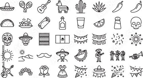 Mexican fiesta icon set featuring sombrero, maracas, tacos, tequila, mariachi, decorations, and cultural celebration outline vector symbols