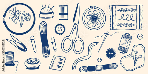 Cuadro en lienzo Embroidery and sewing hand-drawn kit