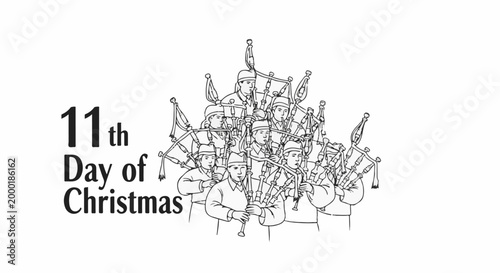 Line art of pipers playing on the eleventh day of Christmas