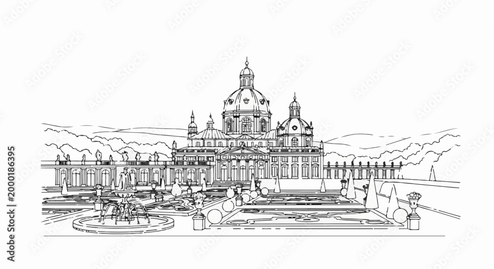 Fototapeta premium Ornate classical palace with symmetrical gardens, fountains, and distant hills