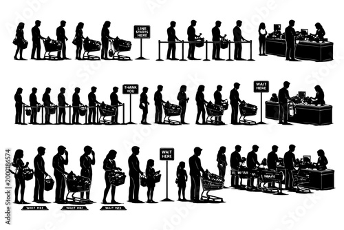 Silhouette of diverse people shopping and waiting in supermarket lines.