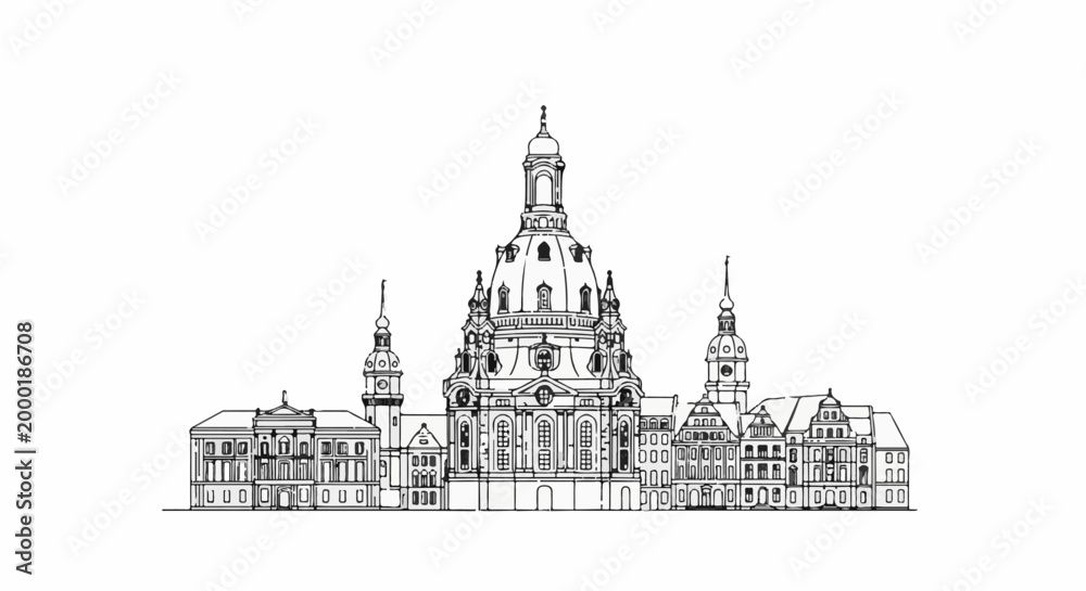Fototapeta premium Ornate domed cathedral and flanking buildings in a black and white line drawing