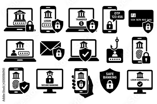 Secure online banking icons with security symbols and shields.