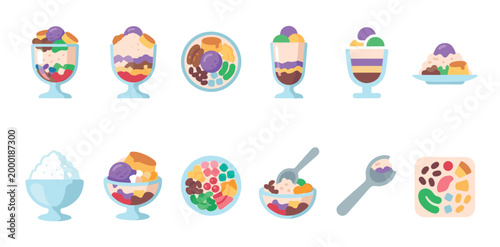 A colorful collection of flat design illustrations of popular Filipino desserts like Halo-Halo and Leche Flan, perfect for culinary themes and design projects.