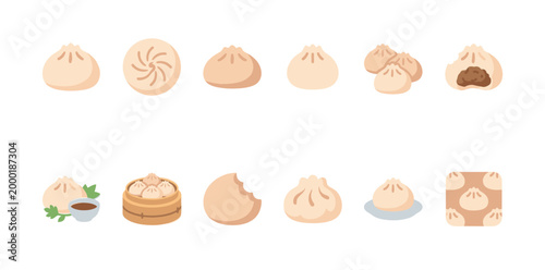 A collection of flat design icons showcasing various dumplings including steamed buns, soup dumplings, and dim sum with dipping sauce in a bamboo steamer.