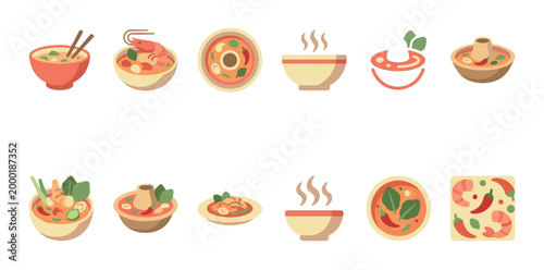 Flat design icons showcase a variety of popular Thai soups like Tom Yum, prepared with fresh ingredients such as shrimp, chili, and herbs in warm, inviting colors.
