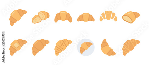 A delightful collection of flat icon style croissants in various forms, including whole, sliced, and with butter, on a clean white background.