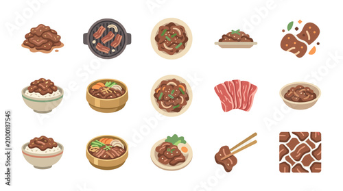A collection of flat design icons representing various Korean dishes like Bulgogi, Bibimbap, and Korean BBQ, ideal for food blogs, menus, and culinary themes.