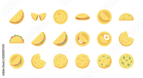 A collection of flat design icons representing various Mexican food items including tacos, quesadillas, and tortillas against a clean white background.