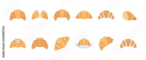 A flat design illustration featuring a variety of stylized croissants in different positions and states, perfect for bakery or breakfast themes.