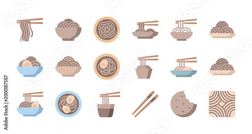 A collection of minimalist flat icons depicting various noodle bowls, chopsticks, and food elements in a pleasing, neutral color palette, perfect for culinary and food-related designs.