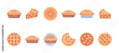 A charming flat illustration collection showcasing various pies, including whole pies, slices, and a partially eaten pie, set against a clean white background.