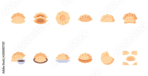 A collection of flat design icons depicting various dumplings, with some shown with dipping sauce and on plates, perfect for food-related projects.