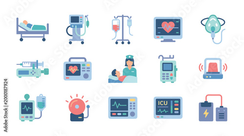 A collection of flat design icons representing medical equipment and healthcare, including patient beds, monitors, IV bags, and a nurse.