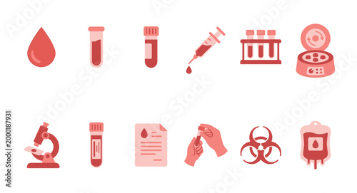 A set of flat design icons representing medical science, blood tests, lab equipment, and research with a minimalist aesthetic.