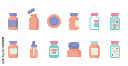 Collection of flat design icons representing various medical bottles and containers with colorful pills and liquid, perfect for healthcare and pharmaceutical concepts.