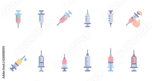 A collection of colorful, flat design syringe icons representing medical treatments and vaccinations, perfect for healthcare and wellness concepts.