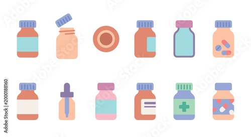 A collection of stylized flat design icons representing various medical bottles, including pill bottles, dropper bottles, and potion bottles with colorful caps and labels on a white background.