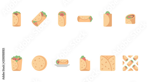 A collection of stylized flat design icons representing burritos and ingredients in various forms, ideal for food blogs, menus, and digital interfaces.