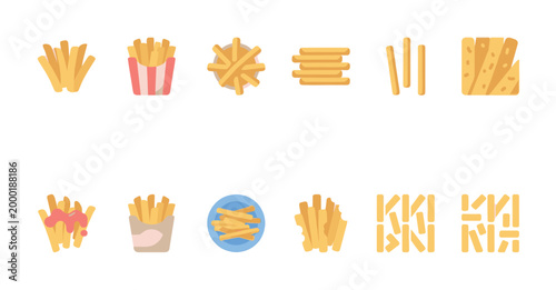 A collection of stylized french fry illustrations in various presentations, including in boxes, on plates, and as abstract patterns, with a clean, modern flat design.
