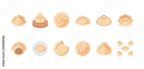 A collection of flat design icons representing various types of dumplings, buns, and dim sum dishes on a clean white background.