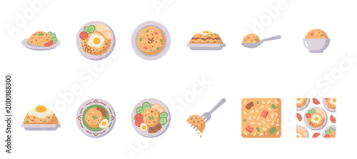 A vibrant flat illustration collection showcasing various stylized dishes of fried rice, presented on plates, in a bowl, on a spoon, and as a pattern.