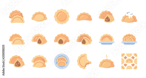 A collection of flat design cartoon icons featuring various styles of dumplings and a seamless pattern, perfect for food-related graphics.