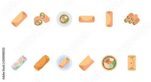 A collection of flat design icons representing various spring rolls and related dishes, perfect for food-related websites, menus, or culinary content.