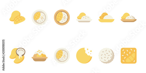 A collection of flat vector icons depicting mango sticky rice desserts and ingredients in a clean, minimalist style with a white background.