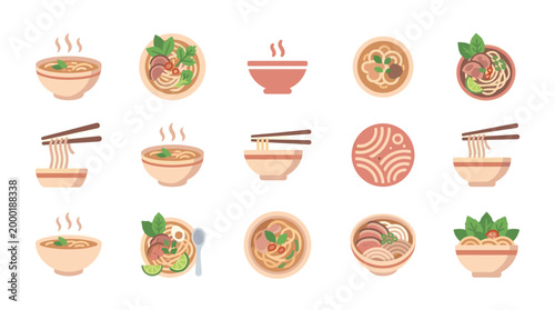 A colorful flat illustration collection of various noodle soup bowls, showcasing different ingredients and serving styles with chopsticks, perfect for culinary themes.