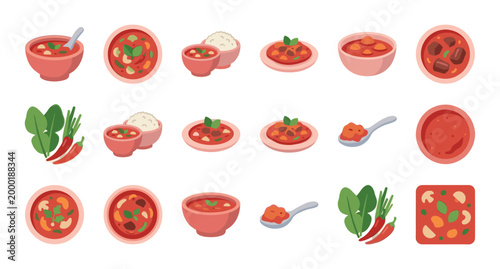 A colorful flat illustration of various hot soups, rice, and chili peppers in different arrangements, perfect for food and recipe content.