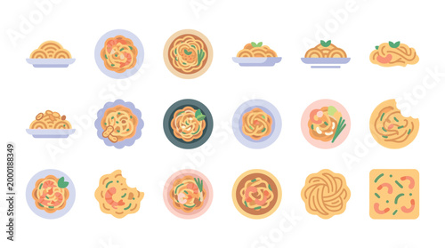 A vibrant flat illustration collection showcases various stylized pasta dishes and ingredients, perfect for food blogs, menus, and culinary designs.