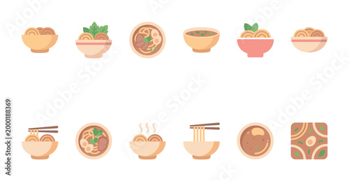 A collection of eleven flat design icons featuring various bowls of noodles, soup, and broth, with some garnished with meat, eggs, and herbs, set against a white background.