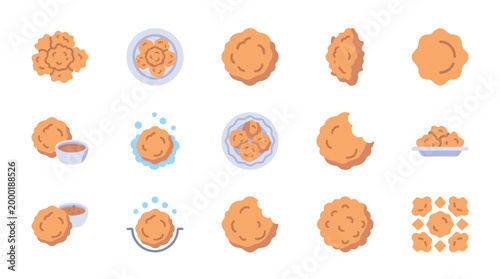 A collection of playful, flat design icons depicting various chicken nuggets in different scenarios, such as on plates, with dipping sauce, and being eaten.