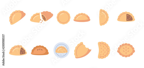 A collection of simple, flat design illustrations of empanadas in various poses, some with filling shown, against a clean white background.
