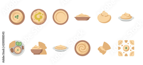 A collection of flat vector illustrations depicting various styles of hummus in bowls and on plates, suitable for food blogs, menus, and recipes.