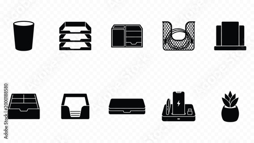 Solid black icon set of office inbox outbox trays and document archive folders for file management
