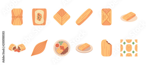 A vibrant, flat illustration set showcasing various Mexican food items like tamales, burritos, and beans with salsa in a clean, modern style.