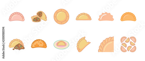 A collection of flat design empanada icons in various stages of preparation, filling, and consumption, perfect for culinary websites and menus.