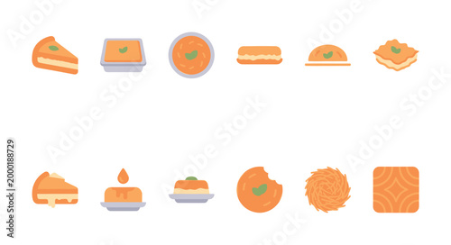 A vibrant, flat design collection of assorted dessert icons in shades of orange, cream, and purple, perfect for food-related graphics and applications.