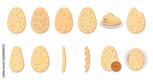 A collection of illustrated flatbreads in various styles, some with butter and a small bowl of dip, on a white background.
