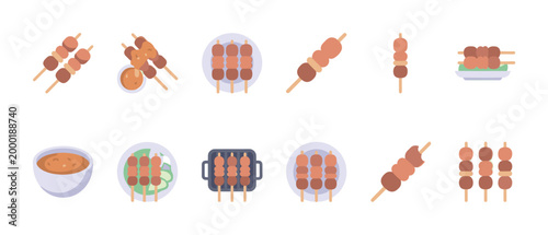 A collection of flat design icons featuring various food skewers, including satay, meatballs, and dipping sauce, presented in a simple, clean style.