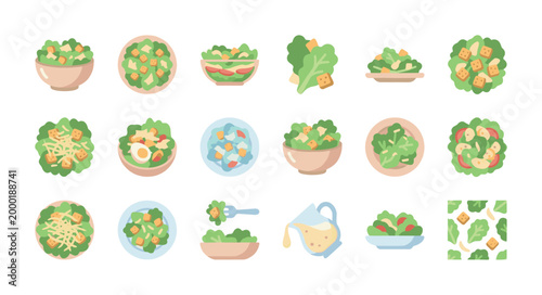 A collection of flat-design illustrations featuring various salads, including Caesar, with croutons, cheese, and dressing, perfect for healthy eating concepts.