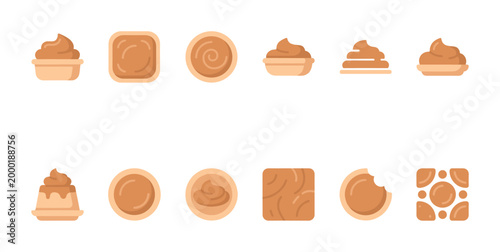 A collection of flat design icons depicting various sweet desserts and creamy treats in shades of brown and beige against a white background.