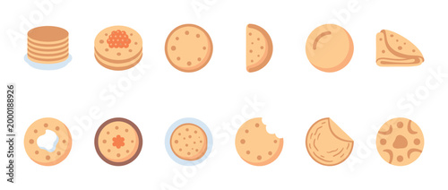 A collection of flat design pancake icons showing various stages and toppings, perfect for food apps, menus, or cooking blogs.