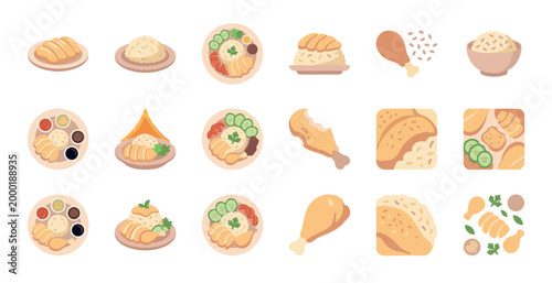 A collection of charming flat design icons depicting various elements of delicious chicken rice dishes from Asian cuisine, perfect for food blogs and menus.