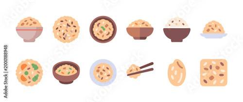 Flat vector illustration set featuring various bowls of rice and rice-based foods, with chopsticks for a versatile culinary theme.
