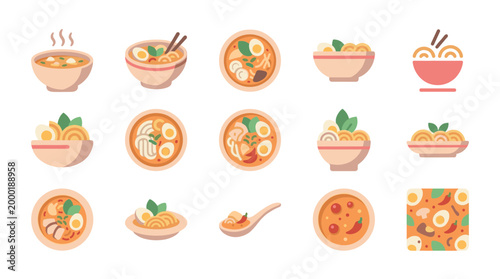 A vibrant flat design collection of various Asian noodle soup bowls, featuring ramen, pho, and other delicious broths with noodles, eggs, and garnishes in warm tones.