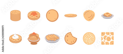 A vibrant flat design collection of various pancakes and crepes, showing different toppings and preparation styles, perfect for food-related concepts.
